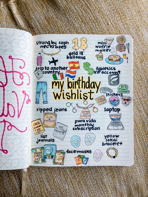 another style of bullet journal pages I absolutely adore!!! so fun to doodle out your birthday or holiday wishlist! I did this in my bullet journal every year since 2016 + loved going back to see my old wishlists! these pages always turn out so cute + colorful! 😍 #bulletjournal #bujo #bulletjournalideas #bulletjournalinspiration #colorful #wishlist #birthday #doodles #bujoideas #bujoinspiration #journaling #journalinspiration #drawing #art #ideas #diy 🌟 Journal Ideas For Birthdays, Things To Doodle In Your Notebook, Notebook Ideas Birthday, Cute Diary Ideas Diy, Coloring Journal Pages, Cute Things To Draw In Your Journal, Birthdays Journal Page, Wishlist Drawing Ideas, My Wishlist Birthday