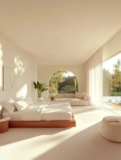 ↑↑↑ Larger size on website 🔸 The image shows a modern bedroom with a minimalist aesthetic. A large bed with a wooden frame sits i Giant Bedroom, Color Palette With White, Bedroom Minimal, Light Wooden Floor, Large Bed, Big Bedrooms, Large Beds, Large Window, Simple Bedroom