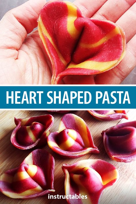 Make heart-shaped stuffed pastas called Pasta De Amore.  #Instructables #recipe #Valentine #tortellini #ravioli Colourful Ravioli, Heart Shaped Dumplings, Heart Ravioli Recipe, Homemade Stuffed Pasta, Valentines Ravioli, Pink Ravioli, Ravioli Shapes, Valentine Pasta, Homemade Pasta Shapes