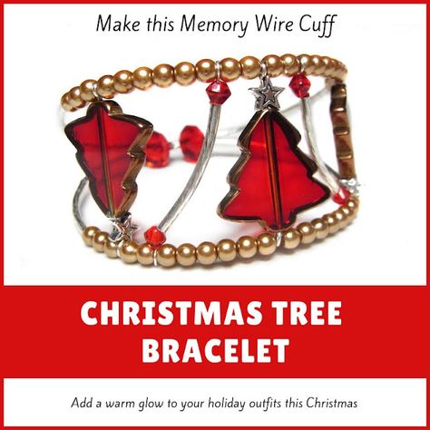 Make this elegant Christmas Tree cuff from Memory Wire for the holidays. The bracelet's architectural detail gives it a classy look so that you don't even realise it's made on memory wire. But the good thing is, it's actually quite simple to put together. So give yourself a holiday treat and make this glowing red Christmas Tree bracelet today! #MillLaneStudio #memorywirebracelet #holidayjewelry #christmasbracelet #wirecuff #easydiybracelets Tree Cuff, Memory Wire Cuff Bracelet, Resin Tips, Christmas Jewelry Diy, Wire Cuff Bracelet, Red And Gold Christmas, Memory Wire Jewelry, Red And Gold Christmas Tree, Diy Jewellery Designs