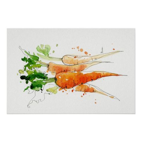 Hand painted watercolor illustration.Vegetable kitchen art. Carrot Pencil Drawing, Vegetable Watercolor Paintings, Kitchen Artwork Painting, Kitchen Watercolor Art, Vegetable Artwork, Kitchen Artwork Ideas, Watercolor Fruits And Vegetables, Carrot Watercolor, Watercolor Kitchen Art