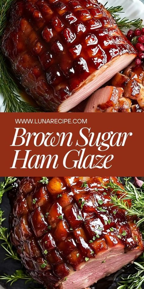 This Brown Sugar Ham Glaze creates a wonderfully sticky and caramelized crust! 🍖✨ With its perfect balance of sweet and savory, this glaze elevates any ham, making it a standout dish for holiday meals, family dinners, or special gatherings.  📌 Save this pin to make a rich and flavorful brown sugar ham glaze for your next holiday feast! #BrownSugarHam #HamGlaze #HolidayRecipes #CaramelizedHam #SweetAndSavory #ChristmasMeals Han Glaze Recipes, Honey Brown Sugar Glaze For Ham, Honey And Brown Sugar Ham Glaze, Brown Sugar Honey Glazed Ham In Crockpot, Ham Topping Brown Sugar, Simple Ham Glaze Brown Sugar, Bourbon Brown Sugar Ham, Homemade Ham Glaze Brown Sugar, Maple Brown Sugar Ham Glaze