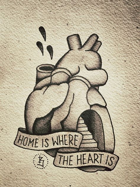 "Home is where the heart is" Heart Traditonal Tattoo, Anatomy Tattoo, Heart Drawings, Arte Viking, Heart Simple, Doodle Videos, Heavy Burden, Sketches Of People, Heart Drawing