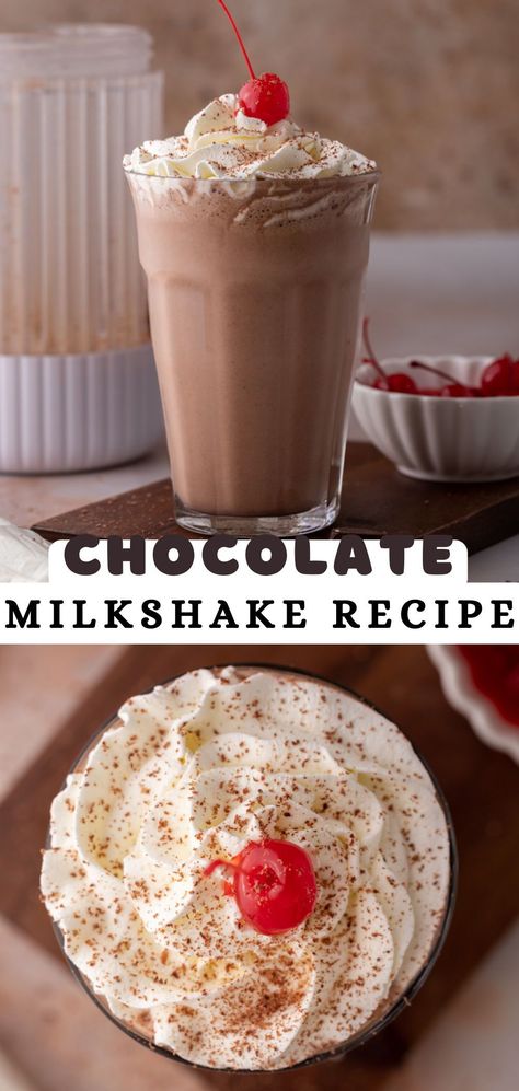 This simple chocolate milkshake recipe is life-changing! It is made with simple ingredients like vanilla ice cream, milk, chocolate sauce, and cocoa powder to deepen that chocolate flavor. Top it with whipped cream and a cherry on top for a gorgeous and oh-so-delicious chocolate drink! Easy Chocolate Milkshake Recipe, Milk Chocolate Sauce, Vanilla Bean Frappuccino Recipe, Chocolate Milkshake Recipe, Chocolate Shake Recipe, Milkshake Recipe Easy, Homemade Milkshake, Milkshake Recipe Chocolate, Frappuccino Recipe