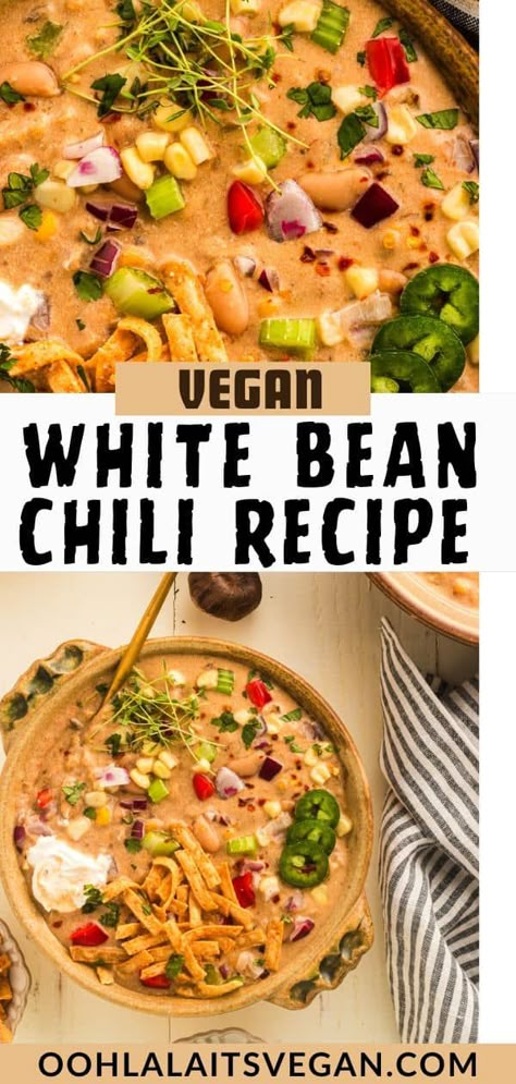 This Vegan White Bean Chili is brimming with seasonal vegetables and spices, featuring hearty white beans and a creamy vegan sour cream base. It's made with 3 secret ingredients not used in traditional chili recipes. Make this in your crock pot, slow cooker, Instant Pot or regular pot in 30 minutes or less. If you're looking for a white bean soup recipe, this is a must try. Easy vegan dinner recipes, yes! #veganwhitebeanchili #vegandinnerrecipes #vegansouprecipes #veganchilirecipes #blackgarlic Vegan Chili Instant Pot, Vegan White Bean Chili Recipe, Vegetarian White Chili Recipe, Vegan Slow Cooker Soup, Vegan White Bean Chili, Vegan Bean Soup, White Bean Chili Recipe, Traditional Chili Recipe, Easy Vegan Dinner Recipes