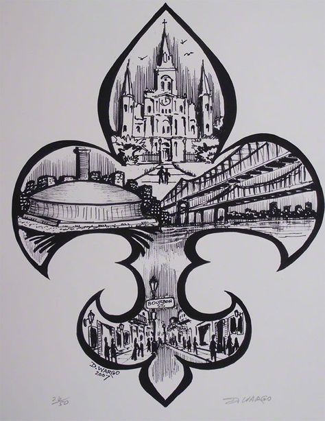 NOLA! BABY! Louisiana Tattoo, New Orleans Superdome, New Orleans Tattoo, Saint Tattoo, New Orleans Skyline, Skyline Tattoo, Tattoo Black And White, Black And White Drawings, La Tattoo