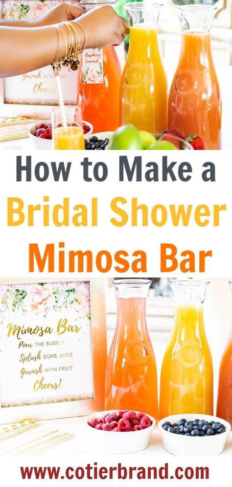 Look no further for mimosa bar inspiration, how to's and tips for your upcoming bridal shower in this insightful article. Easy to read comprehensive guide if you're looking to host a but first mimosas mimosa bar at your upcoming bridal shower, bridal brunch, bachelorette party, & wedding shower. #weddingshower #bridalshower #mimosabar #mimosabarsupplies #cotierbrand Mimosa Bar Wedding Shower Ideas, Bridal Party Mimosa Bar, Bridal Mimosa Bar Ideas, Bridal Brunch Timeline, Wedding Shower Drinks Cocktails, Bridal Brunch Mimosa Bar, Bridal Shower Food And Drinks, Simple Bridal Brunch Ideas, Bridal Shower Brunch Drinks