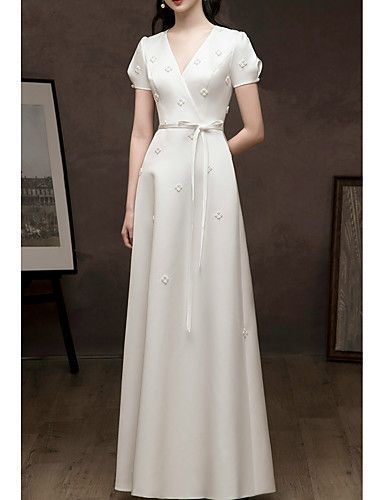 Ribbon Sleeves Dress, Korean Satin Dress, Formal Dress Sleeves, A Line Dress Outfit, Dress With Sleeves Formal, V Neck White Dress, White Simple Dress, Formal White Dress, Simple Gown