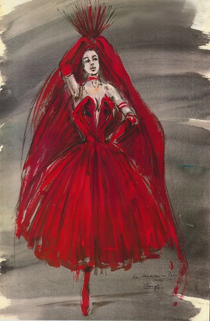 Irene Sharaff costume sketch for the 1951 MGM film "An American in Paris". Ballet Sequence, Hollywood Glamour Costume, Irene Sharaff, Glamour Costumes, Beautiful Movies, Costume Design Ideas, American In Paris, Costume Design Sketch, An American In Paris