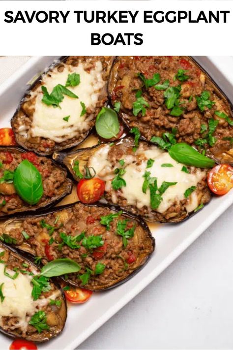 Savory Turkey Eggplant Boats Recipe With Turkey, Eggplant Boats, Turkey Mince Recipes, Cooking Eggplant, Stuffed Eggplant, Eggplant Recipe, Healthy Dinner Options, Ground Meat Recipes, Mince Recipes