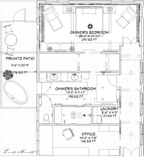 Dream Home Owner's Wing First Look - Linda Merrill Master Wing Floor Plan, Master Suite Floor Plan Layout, Owners Suite Master Bedrooms, Primary Suite Layout, Master Suite Layout With Sitting Area, Bathroom Laundry Closet, Master Suite With Office, Patio With Hot Tub, Master Suite Floor Plans