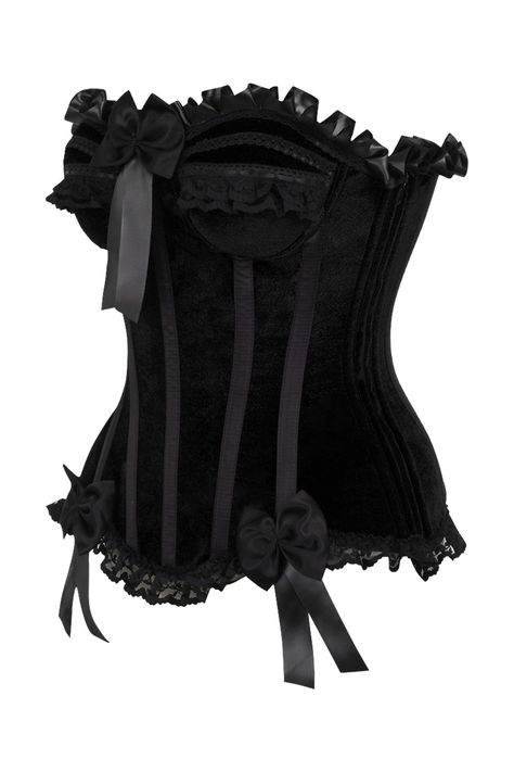 Fullbust corset made of premium velvet & lace fabric Hidden side zipper closure Underwire cups Spiral Steel boning throughout Flat steel boning in the back Lace-Up Back for cinching Dry Clean Only Victorian Widow, Goth Witch Aesthetic, Corset Fits, Goth Tops, Burlesque Corset, Goth Clothes, Victorian Corset, Black Lace Corset, Corset Outfit