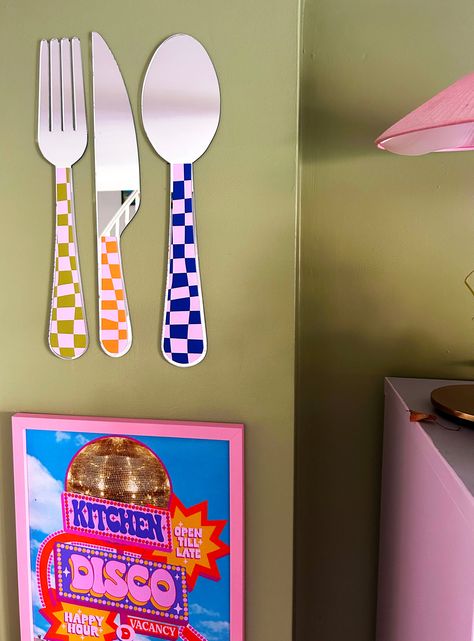 Oversized Checkerboard Cutlery Mirror Set – PrintedWeird Loft Bunk, Scream 4, Large Mirrors, Quirky Kitchen, Retro Mirror, Flat Decor, Bouncy House, Fork And Spoon, Retro Sign