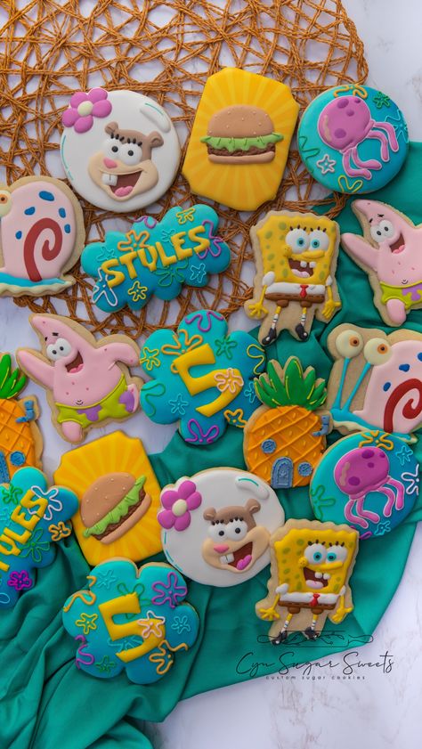 Spongebob Cookies, Spongebob Sandy, Spongebob Gary, Spongebob Birthday Party Decorations, Spongebob Birthday Cake, Pineapple Cookies, Custom Sugar Cookies, 25th Birthday Cakes, Spongebob Cake