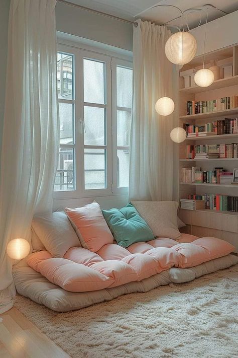 Cozy Sitting Area Reading Corners, Room Corner Ideas Bedroom, White Reading Room, Cosy Corner In Bedroom, Little Corner Decor Spaces, How To Make A Reading Nook, Reading Corner Small Space, Small Library Corner, Nook Bedroom Ideas