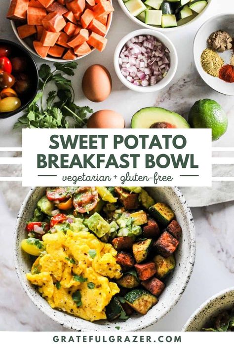 A Sweet Potato Breakfast Bowl satisfies the biggest savory breakfast cravings. Warm and spicy vegetables and scrambled eggs are balanced with a bright and creamy tomato avocado salad in this Mexican-inspired morning meal. #GratefulGrazer #BreakfastBowl #VegetarianBreakfast #GlutenFreeBreakfast Sweet Potato Breakfast Bowl, Potato Breakfast Bowl, Spicy Vegetables, Breakfast Cravings, Tomato Avocado Salad, Breakfast Vegetables, Potato Breakfast, Tomato Avocado, Warm Breakfast