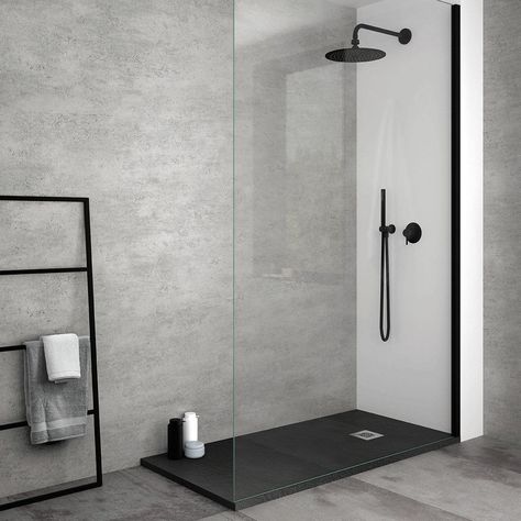 Shower With Tray Floor, Black Slate Shower Tray, Slate Effect Shower Tray, Shower Tray Ideas Walk In, Black Shower Tray Bathroom Ideas, All Grey Bathroom, Slate Shower Ideas, Shower With Tray, Grey Shower Tray