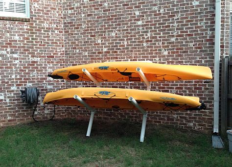 Hobie Forums • View topic - Quick & Easy PVC Outdoor Dual Kayak Storage Rack Kayak Storage On Fence, Pvc Kayak Rack Diy, Kayak Storage Racks Outdoor, Diy Kayak Storage Rack, Kayak Rack Diy, Diy Kayak Storage, Kayak Holder, Paddle Board Storage, Paddleboard Rack