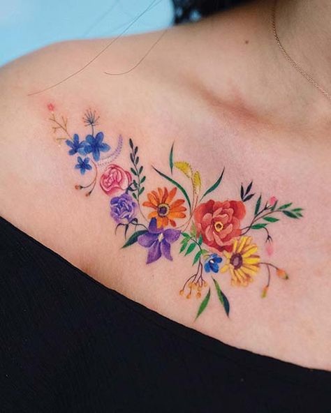 Name Tattoos With Flowers, Bright Flower Tattoos, Beatles Tattoo, Collar Bone Tattoos, Irish Tattoo, Colorful Flower Tattoo, Pretty Flower Tattoos, Bouquet Tattoo, Wildflower Tattoo