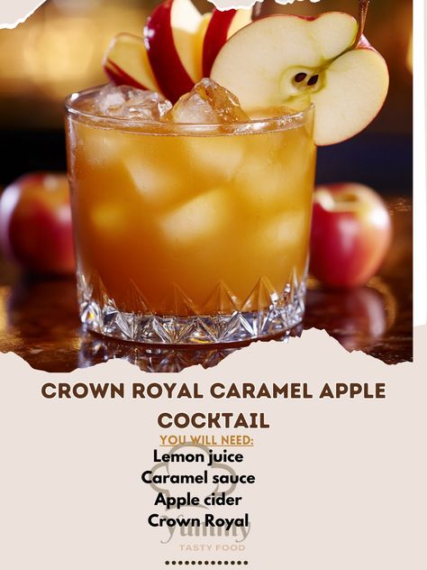 🍎🍸 Crown Royal Caramel Apple Cocktail – A sweet and smooth cocktail with caramel and apple flavors. Perfect for fall celebrations! 🍏🍹 #FallCocktails #AppleDrinks Crown Royal Caramel Apple Cocktail Ingredients: Crown Royal (2 oz) Apple cider (3 oz) Caramel sauce (1 tbsp) Lemon juice (1/2 oz) Ice (as needed) Apple slices (for garnish) Instructions: In a shaker, combine Crown Royal, apple cider, caramel sauce, and lemon juice. Shake well with ice. Strain into a glass filled with ice. Garnish... Bengals Cocktail, Crown Apple Fall Drinks, Crown Drinks Recipes, Vanilla Crown Royal Drinks, Crown Mixed Drinks, Drinks With Salted Caramel Crown Royal, Crown Royal Apple Drinks Recipes, Crown Royal Apple Cider, Crown Royal Salted Caramel Drink Recipes