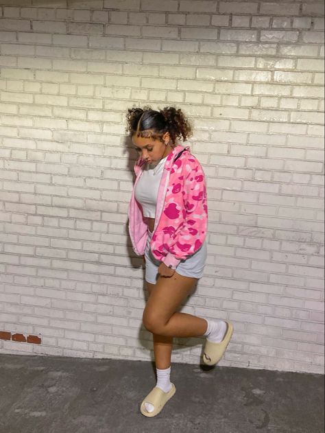 Pink Bape Outfit, Bape Tee Outfit, Pink Bape Hoodie Outfit, Bape Jacket Outfit Women, Bape Jacket Outfit, Pink Bape Jacket, Pink Bape Hoodie, Bape Jacket, Bape Outfits