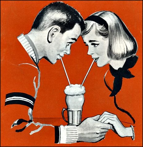 Soda shop love!  1950s Angel Oc, 1950s Art, Soda Shop, Vintage Pics, Vintage Couples, Oil Color, Roy Lichtenstein, Soda Fountain, Vintage Romance