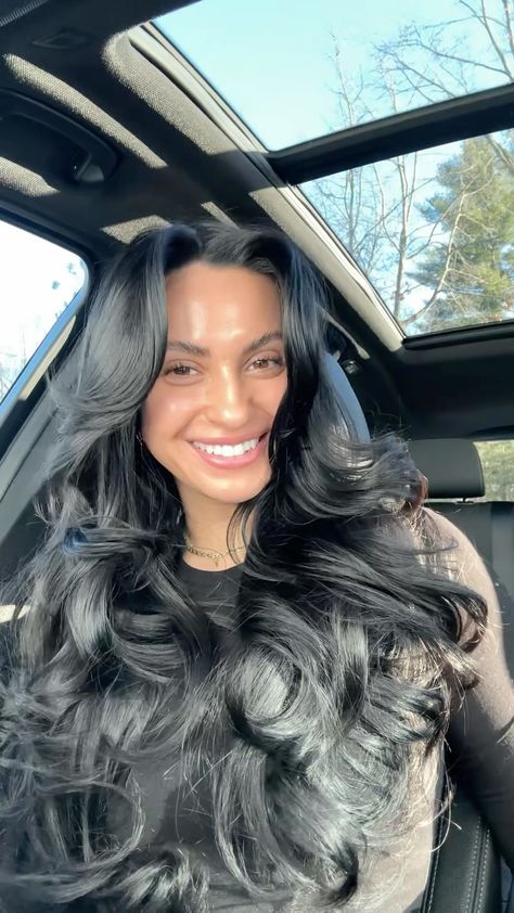 Tatyana Lafata | Walking into my pilates class with a fresh blowout 🎀 using the @overnightblowout rods here!! #hairstylist #heatlesscurls | Instagram Long Layered Hair Blowout Curls, Blowout Hair With Extensions, Jet Black Blowout, Thick Black Hair Hairstyles, Bombshell Blowout Black Hair, Jet Black Hair Blowout, Tatyana Lafata Hair, Rich Girl Blowout, Black Hair Blowout Styles