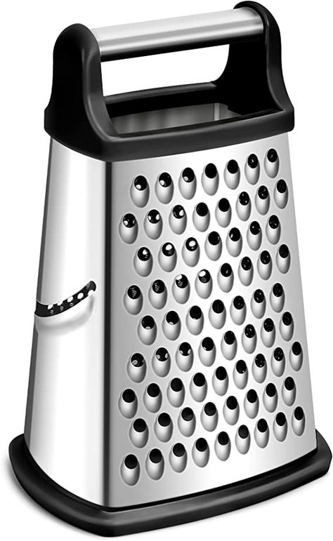 • Durable Sharp, Stainless Steel - Made of 304 stainless steel (95%), the heavy-duty cheese grater provides rugged strength and long-lasting performance • Sharp Blades on 4 Sides - Coarse, medium, and fine grating surfaces, and slicing surface.Sharp stainless-steel shredding holes on 4 sides allow for efficient grating of a variety of foods, including cheese, vegetables, chocolate, and more Cheese Vegetables, Box Grater, Kitchen Stainless Steel, Cheese Slicer, Cheese Grater, Vegetable Slicer, Best Cheese, Grated Cheese, Kitchen Tools And Gadgets