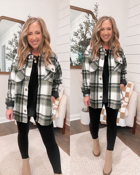 Buffalo Plaid Button Up Outfit, Winter Outfits With Flannels, Womens Flannel Shirt Outfits Fall, Flannel Outfits For Women Winter, Womens Flannel Shirt Outfits, Green Plaid Shirt Outfit, Winter Flannel Outfits, Plaid Shacket Outfit Women, Plaid Button Up Shirt Outfit