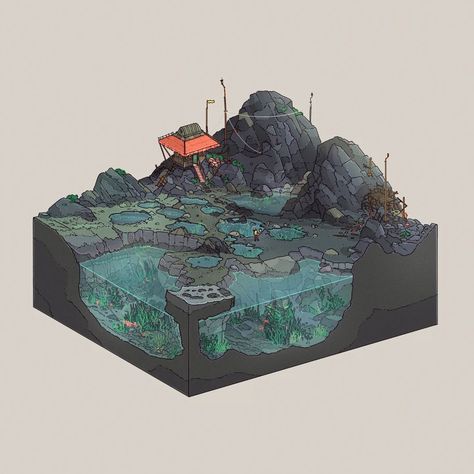 Doug John Miller on Instagram: “Rockpools #isometric #illustration #architecture” Isometric Art Illustration, Isometric World, Isometric Landscape, Doug John Miller, Isometric Diorama, Isometric Sci Fi, Isometric Dungeon, Isometric Island Illustration, Isometric Sketch