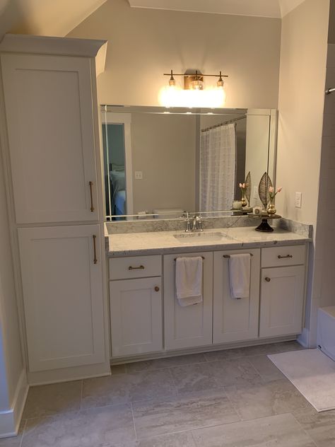 Vanity With Cabinet On Side, Vanity Linen Closet Combo, Vanity With Linen Closet, Bathroom Makeup Vanity With Linen Cabinet, Double Sink Bathroom Vanity With Linen Closet, Bathroom Closet Combo Layout, Bathroom Vanity With Storage Tower Dimensions, Luxury Bathroom Master, Bathroom Wallpaper Ideas