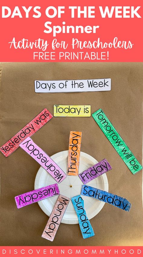 Days Of The Week Spinner, Easy Lesson Plans For Preschool, Days Of The Week Activities Preschool, Days Of The Week Activities, Kids Preschool Learning, Preschool Math Games, Activity For Preschoolers, Preschool Units, Toddler Homeschool