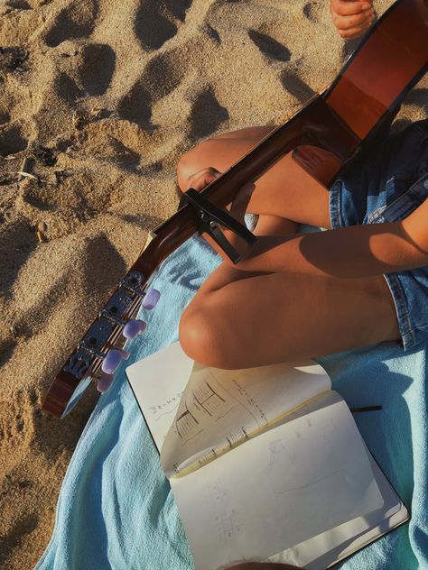 Playing Guitar On The Beach, Summer Guitar Aesthetic, Beach Guitar Aesthetic, South Carolina Beach Aesthetic, Guitar At The Beach, Playing Guitar Aesthetic, Guitar On The Beach, Carolina Core, Vsco Pictures