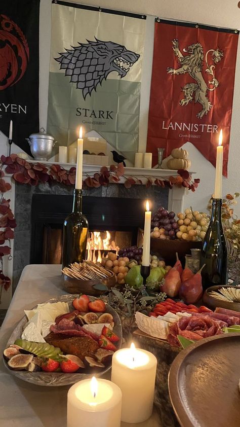 Game of Thrones Birthday Theme Party. I threw my own 31st birthday party and decided on GOT. I custom ordered this dragon scale cake and etsy ordered the cake topping that reads "31 is coming". Did a great food theme of a whole chicken roast, sour breads and cheese platter. Drank red wine and lit candles. Also had the fireplace going with GOT episodes playing in the background. Pagan Birthday Party, Got Theme Party, Dnd Themed Birthday Party, Fantasy Dinner Party, Skyrim Birthday Party, Fantasy Themed Food, Dungeons And Dragons Themed Party, Viking Party Ideas Adults, Dragon Themed Food