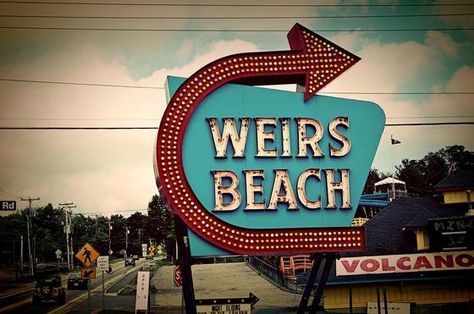 Weirs Beach sign Laconia Bike Week, From Sea To Shining Sea, Lake Winnipesaukee, England Photography, Scenic Railroads, Sea To Shining Sea, Bike Week, Beach Signs, Historic Preservation