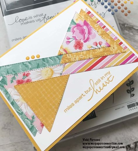 I made this fun card using the Stitched Triangles, Lovely You Stamp Set and Flowers For Every Season DSP. It is a really fun pattern and could be done with any type paper. Check out my blog and You Tube video for instructions on how to make it. www.mypaperconnection.com Strip Cards, Stampin Up Anleitung, You Tube Video, Scrappy Cards, Card Making Templates, Card Making Tutorials, Fancy Fold Cards, Su Cards, Stamping Techniques