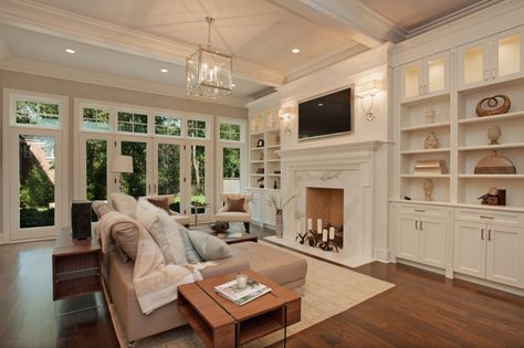 1201_Lindenwood_FamilyRoom Preppy Pinterest, Room Images, Transitional Interiors, House Window Design, Open Family Room, Fireplace Doors, Transitional Living, Room Ceiling, Copper Accents