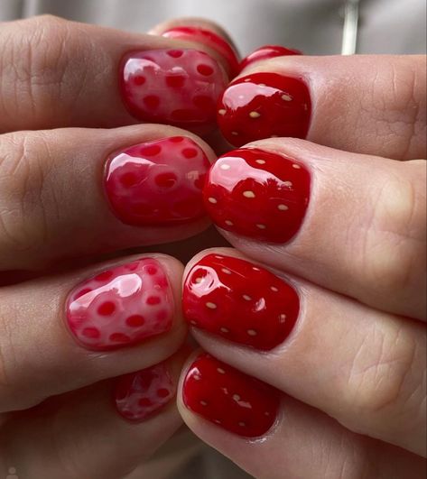 On instagram by @nailsohigh Very Short Natural Nails Ideas, Red Nails Ideas Aesthetic, Fishbowl Nails, Fall Unique Nails, Fruit Nails Art, Food Inspired Nails, Chilli Nail Art, Short Nail Polish Ideas, Simple Painted Nails