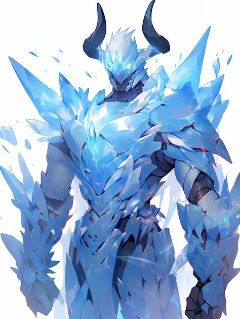 Crystal Armor Art, Ice Elemental Art, Ice Dnd Character, Ice Creature Concept Art, Crystal Armor Concept, Ice Armor Concept Art, Ice Demon Art, Ice Demon Male, Ice Oc Male