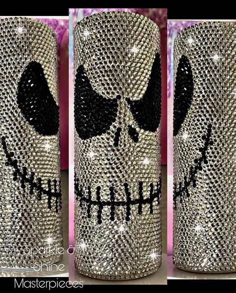 Jack Skellington Rhinestone Tumbler, Halloween Rhinestone Tumbler, Blinged Tumblers, Blinged Cups, Rhinestone Tumbler Ideas, Bedazzled Items, Bling Cups, Diy Rhinestone Crafts, Rhinestone Ideas