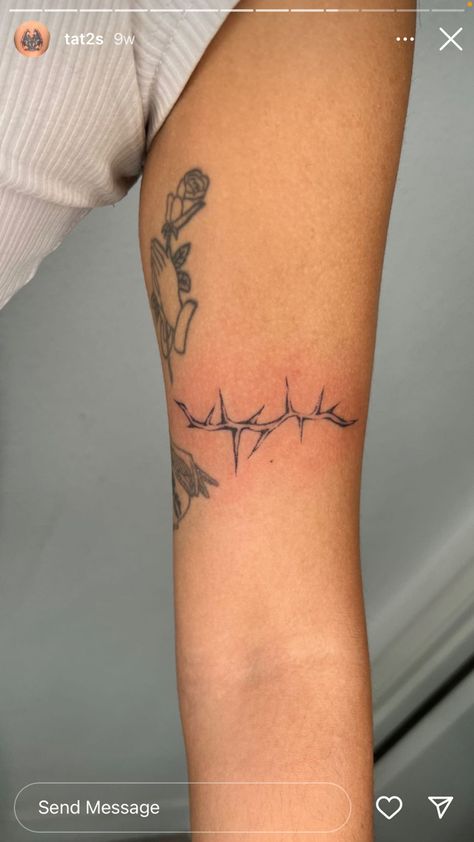 Fillet Tattoo Ideas, Dainty Barbed Wire Tattoo, Barbed Wire Elbow Tattoo, Girly Barbed Wire Tattoo, Crown Of Thorns Tattoo Armband, Thorn Spine Tattoo, Boohoo Tattoo, Small Horizontal Tattoo, Crown Of Thorns Tattoo Women