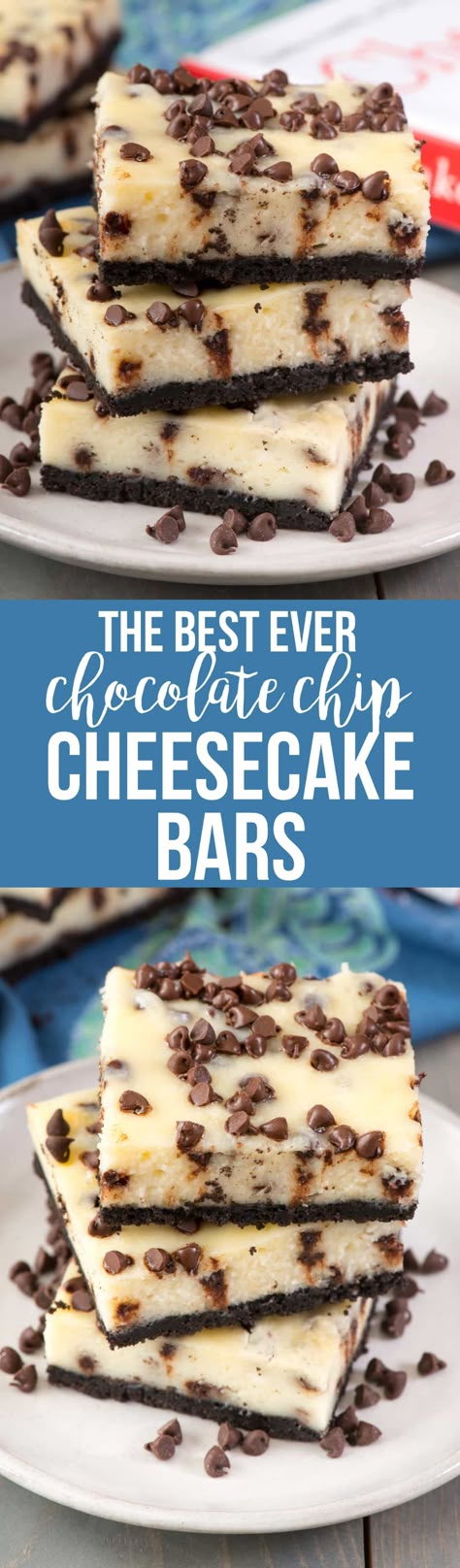 The BEST Chocolate Chip Cheesecake Bars - this is the best cheesecake bar recipe ever! It's smooth and silky and has an easy Oreo crust! Chocolate Chip Cheesecake Bars, Cheesecake Bar, The Best Cheesecake, Diy Easy Recipes, Best New Recipes, Cheesecake Bar Recipes, Chocolate Chip Cheesecake, Best Cheesecake, Oreo Crust