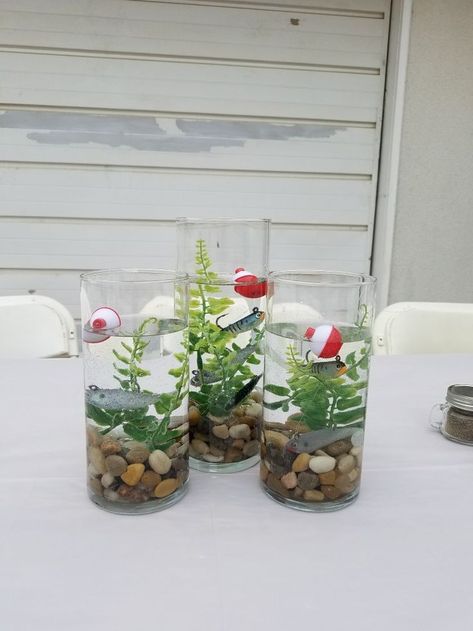 Fishing Centerpieces: THIS IS MY FAVE SO FAR BUT WITH AOME TALL GREENERY AMD WITH MASON JARS Fish Fry Centerpieces, Fishing Theme Table Centerpieces, Fish Fry Table Decorations, Fishing Theme Centerpieces Table Decorations, Fishing Table Centerpieces, Fishing Themed Decorations, Fish Theme Decorations, Fishing Table Decorations Centerpieces, Ofishally One Birthday Centerpiece