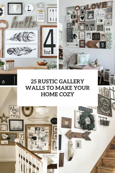 rustic gallery walls to make your home cozy cover Wall Decor With Big Clock, Decorating With Canvas Photos, Boho Wall Picture Collage Ideas, Wall Gallery Ideas Living Room, Gallery Wall With Clock, Gallery Wall Rustic, Gallery Wall Farmhouse, Rustic Gallery Wall, Large Wall Decor Living Room