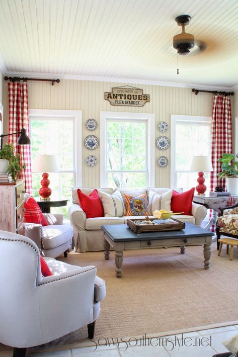 Half Curtain Rod Ideas, Americana Decor Living Room, Checked Curtains, Decorating With Red, Tall Curtains, Gray Pillows, Short Curtain, French Country Living, Savvy Southern Style