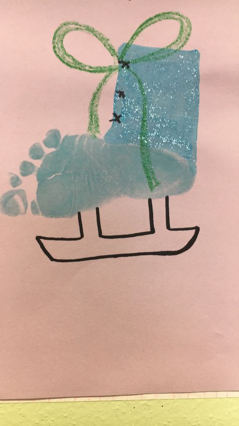 Baby footprint ice skate! Baby Foot Print Art Winter, Ice Skating Crafts For Toddlers, Winter Sports Art For Toddlers, Ice Skate Craft For Toddlers, January Baby Craft Ideas, Winter Sports Toddler Crafts, Infant Crafts Winter, Infant Winter Crafts Daycare, Winter Hand And Footprint Crafts