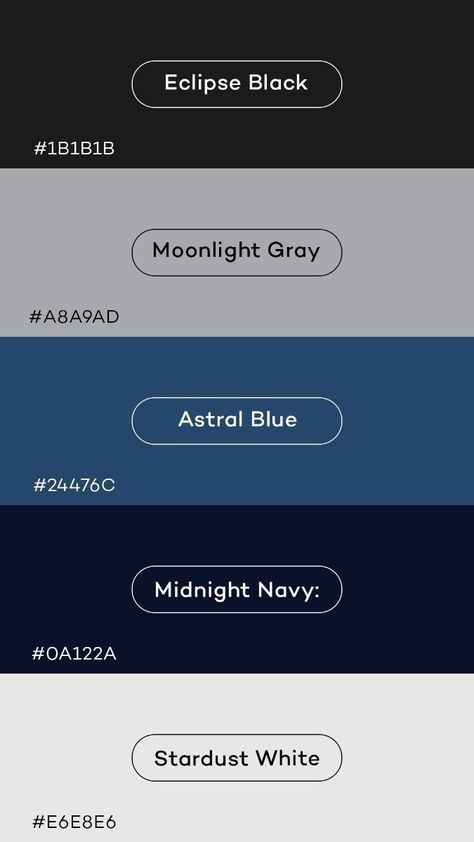 Celestial Color Palette, Night Color Palette, Blue Color Pallet, Blue Website, Rgb Color Codes, Black Color Palette, Color Design Inspiration, Midnight Blue Color, Design Palette