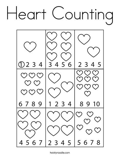 Heart Counting Coloring Page - Twisty Noodle Heart Counting Preschool, Valentine Patterns Preschool, Heart Shaped Crafts For Toddlers, Counting Coloring Pages, Valentine Kindergarten Worksheets, Valentine Shape Activities, Valentine Counting Preschool, Valentine Activities For Toddlers Free Printables, Valentine’s Preschool Activities