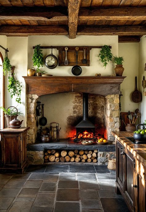 Rustic Kitchen Log Home Kitchen Countertops, Tavern Style Kitchen, Rustic Log Cabin Kitchens, Log Kitchen, Traditional Rustic Kitchen, Irish Cottage Interiors, Copper Kitchen Accents, Rustic Chic Kitchen, Log Cabin Kitchens