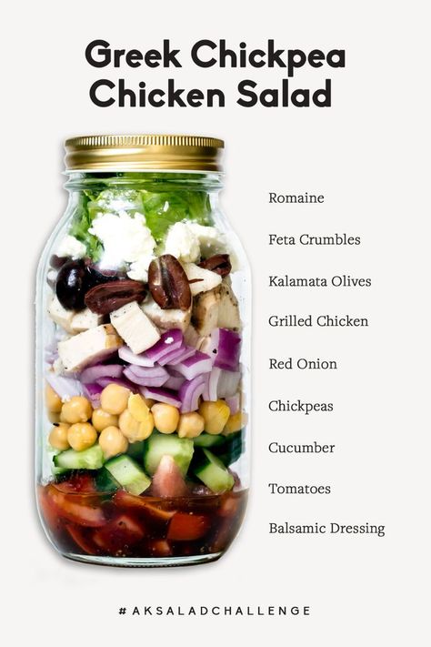 Healthy Greek Chickpea Chicken Salad loaded with chickpeas, grilled chicken, feta, kalamata olives, red onion, tomato and a homemade light greek dressing. Toss this simple greek salad together in a bowl, layer in a mason jar or put in meal prep containers for the week! Chickpea Chicken Salad, Chickpea Chicken, Mason Jar Lunch, Chicken Feta, Grain Salads, Salad Quinoa, Salad Jar Recipe, Greek Chickpeas, Greek Chicken Salad